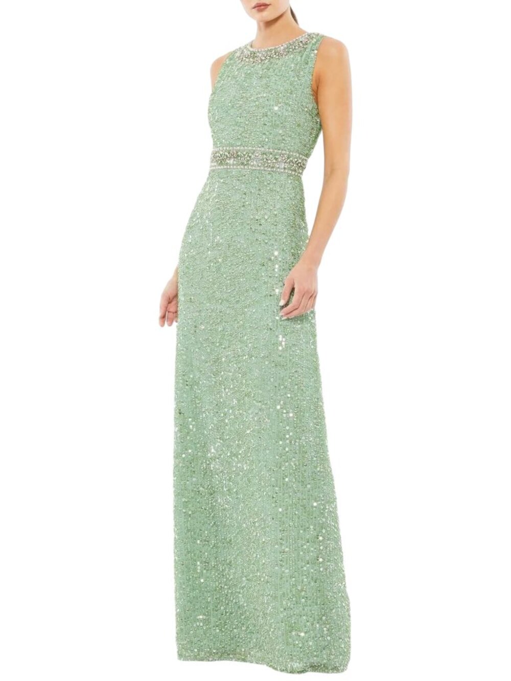 NWOT Mac Duggal Green Sequin Column Maxi Gown Sleeveless High Neck 10839 Size 8